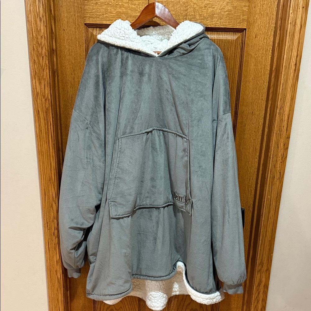 The COMFY -Cozy Gray Hooded Pullover with Sherpa Lining. Adult one size fits all